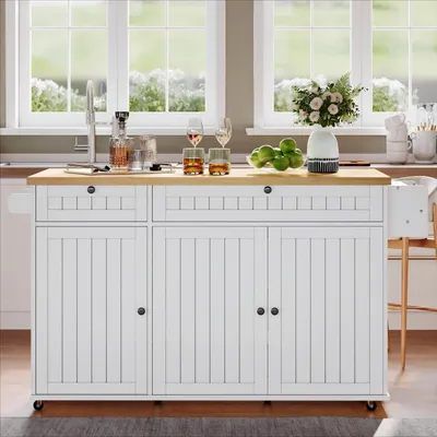 Zdjęcie produktu dla Wyspa kuchenna o wymiarach 137x70x89,5 cm, wykonana z płyty MDF i laminowanej płyty, w białym kolorze z naturalnym wykończeniem. Posiada składaną blat i sześć kółek z możliwością zablokowania, idealna do kuchni