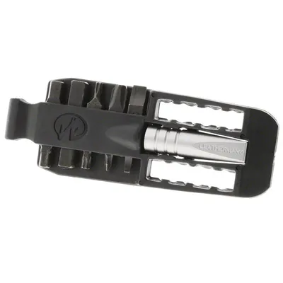 A close-up, studio shot of a Leatherman bit adapter on a white background.