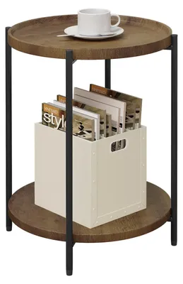 Immagine prodotto di Tavolino rotondo con 2 ripiani e piano removibile | Effetto legno vintage nero | 43,2 x 43,2 x 49,5 cm