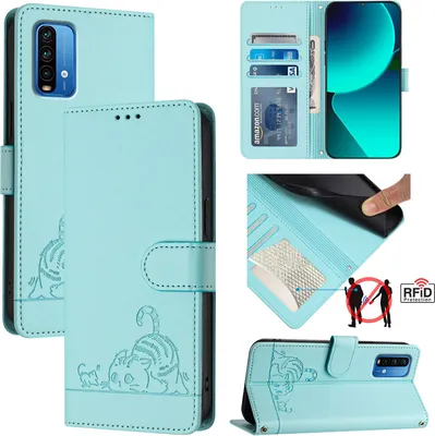 Produktbild von Leder Hülle für Xiaomi Redmi Note 9 4G Süße Katze Flip Case Brieftasche Schutzhülle mit Standfunktion hellgrün