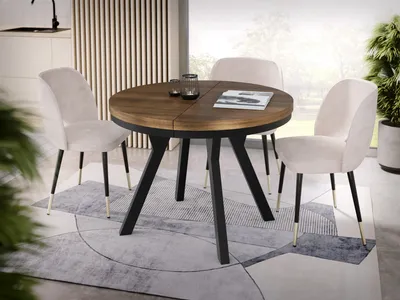 Produktbild von Designer Runder Ausziehbarer Esstisch - Loft-Stil, Industriell, Platzsparend - Schwarze Beine - 100 bis 150 cm - für 5-8 Personen - Hergestellt in EU - Arvadonna Chestnut - 150 cm