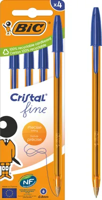 Image de Stylo à bille BIC Cristal Original Fine bleu, pochette de 4 pièces