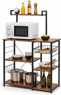 A kitchen shelf unit with a microwave and various kitchen items.