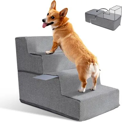 Produktbild von Famanu Hundetreppe 4 Stufen mit abnehmbarer Bezug - Antirutsch Haustiertreppe - für ältere und verletzte Hunde - 58 x 38 x 48 cm