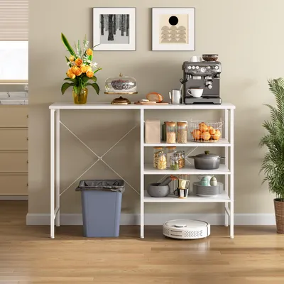 Produktbild von Weißer Organizer-Tisch mit Metallgestell, flexibel montierbar für Küche, Wohnzimmer, Keller & Garage, 120x40x85,5 cm