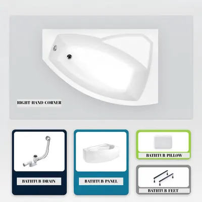 Produktbild von Asymmetrische Badewanne - 160 x 100 cm - Rechts - mit Verkleidung - mit Füßen - Kopfstütze - Ablaufgarnitur Chrom - RIMA
