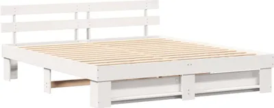 Zdjęcie produktu dla Łóżko Drewniane 180x200 Białe Rama Łóżka ze Stelażem z Zagłówkiem