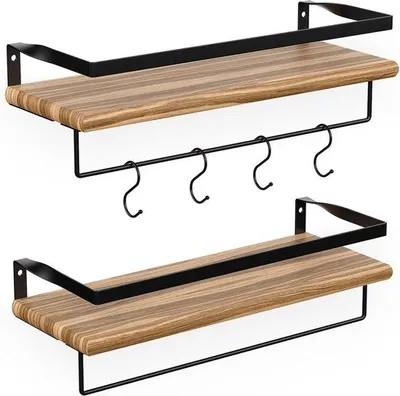 Produktbild von Famanu Wandregal Set mit Handtuchhalter und 8 Haken - Industriales Design - 41 cm - Braun/Schwarz