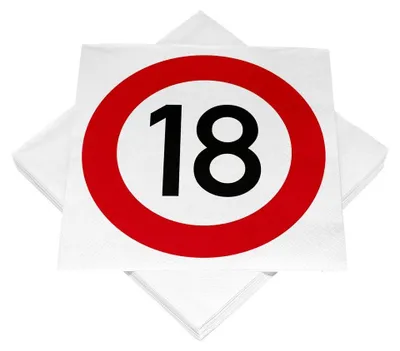 A stack of white napkins with a square napkin on top featuring a red circle with the number 18 inside, resembling a traffic sign.