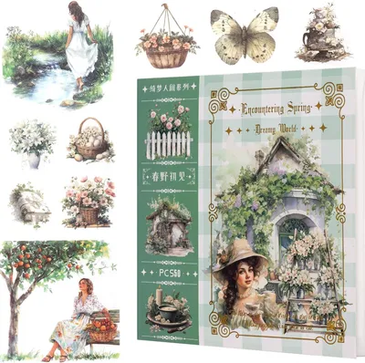 Image de Lot de autocollants vintage, style "cottagecore", comprenant 50 feuilles, plus de 400 motifs, idéal pour le scrapbooking