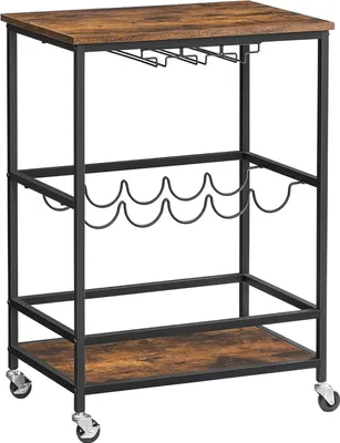 Produktbild von VASAGLE Servierwagen mit Universalrädern, Barwagen, mit Ablagen, Glas- und Flaschenhaltern, 60 x 40 x 75 cm, Industriedesign, vintage braun-schwarz