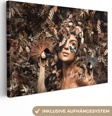 Produktbild von MuchoWow® - Leinwandbilder - Luxus - Frau - Tiere - Schmetterlinge - Vögel, Wandbild, Wanddeko Bilder Wohnzimmer, 120x80 cm