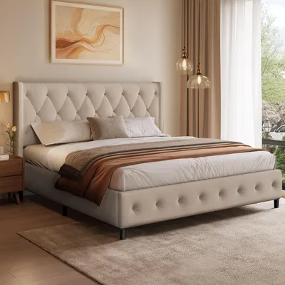 Image de Lit rembourré Lit double - 209 x 146 cm - Velours - Beige - Capacité de charge 390 kg
