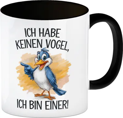Produktbild von Cartoon Vogel Ich bin ein Vogel Kaffeebecher in schwarz