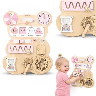 Produktbild von Holz-Sensoriktafel Bär, Montessori Beschäftigungstafel rosa, Uhr, Formen, Labyrinth, Feinmotorik für Kinder 18m+