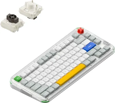 A mechanical keyboard and two keyboard switches are shown against a white background.