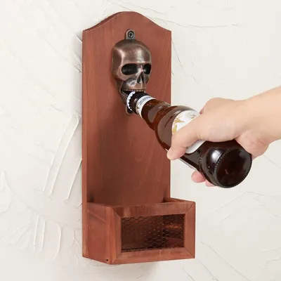 Produktbild von Famanu Flaschenöffner mit Kappenauffangbehälter - Vintage Holzdesign