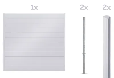 Zdjęcie produktu dla Zestaw paneli ogrodzeniowych Alberts 500498 Palitio, do osadzenia w betonie, ogrodzenie zapewniające prywatność w kolorze białego aluminium RAL 9006, długość ogrodzenia 8 m, wysokość ogrodzenia 1,8 m, do profili o wysokości 150 mm