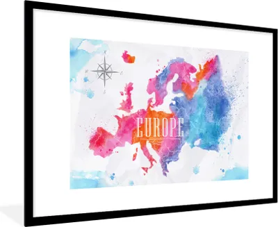 Produktbild von MuchoWow® MuchoWow® Gerahmtes Poster Karte - Aquarell 90x60 cm - Poster mit zchwarzem Bilderrahmen - Wanddekoration - Fotos