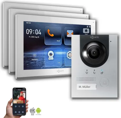 Produktbild von Goliath IP Hybrid Video Gegensprechanlage mit Kamera Silber : Unterputzdose : 10 Zoll in Weiß : 3 Monitore Monitor Anzahl: 3 Monitore Monitor Auswahl: 10 Zoll in Weiß Türklingel Montagedose: Unterputzdose