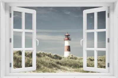 Produktbild von Wallario Wandbild mit Fenster-Illusion: Leuchtturm auf der Düne am Strand, Größe: 61 x 91,5 cm, Poster mit rahmenlosen Bildhalter