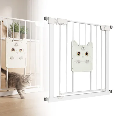 Produktbild von LZQ Türschutzgitter mit Katzenklappe, ohne Bohren, 105–115 cm, selbstschließend, 180° schwenkbar, Weiß