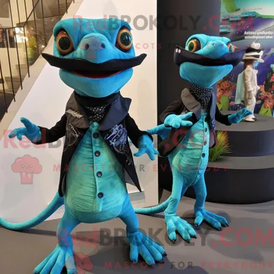 Productafbeelding van Mascot REDBROKOLY karakter van een turquoise gekko s gekleed met een smoking en sjaals