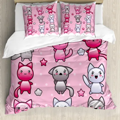 Produktbild von ABAKUHAUS Anime Bettbezug, Lustige japanische Gekritzel, Milbensicher Allergiker geeignet mit Kissenbezügen, 155 cm x 220 cm - 80 x 80 cm, Lila-Rosa-Blau