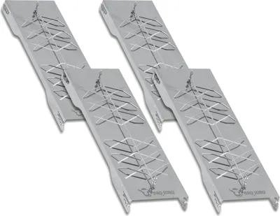 Four silver metal grill accessories are arranged diagonally on a white background.