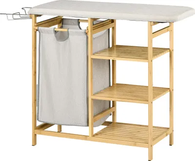 Produktbild von Wäschesammler, multifunktional, Bügelbrett & Stoffsack 57L, Bambusgestell, 113x34x82cm, Natur/Grau