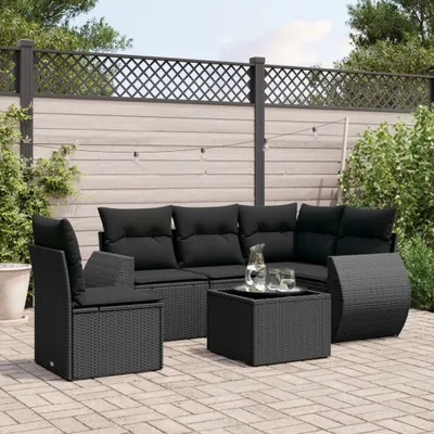 Produktbild von Design 6-tlg. Garten-Sofagarnitur mit Kissen Schwarz Poly Rattan, Gartenmöbel-Sets 2024 Neu