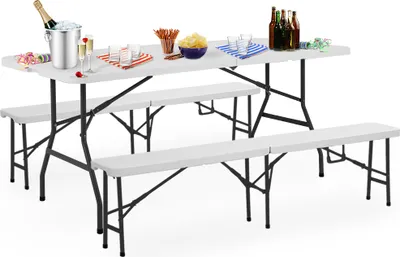 Produktbild von CASARIA® Bierzeltgarnitur 180 cm Klappbar Kunststoff 2x Bierbank 1x Breiter Tisch Biertischgarnitur Festzeltgarnitur Biergarnitur Campingtisch Weiß
