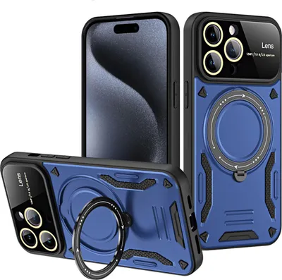 Produktbild von Rüstung Handyhülle für iPhone 15 Pro Dual-Layer Magnetisches Ringhalter Ständer Magsafe Hülle Blau