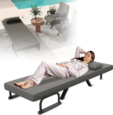 Image de XMTECH Fauteuil-lit 3 en 1 Dossier inclinable pour un confort maximal Cadre métallique robuste Housse en lin élégante, Gris foncé