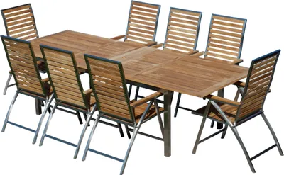 Produktbild von ALEOS. Gartengarnitur Edelstahl & A-Grade Teak: Ausziehtisch 200-240-280 cm x 100cm (LxB) + 8 Teak-Edelstahl Hochlehner Stühle klappbar, Sitzgruppe Gartenmöbel Set 8 Personen Gastronomie Qualität