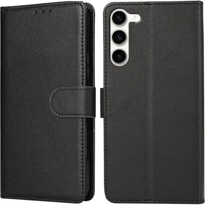 Zdjęcie produktu dla Etui ochronne typu flip z skóry naturalnej do telefonu Samsung Galaxy S23 5G, kolor czarny, z przegródką na karty i funkcją podstawki