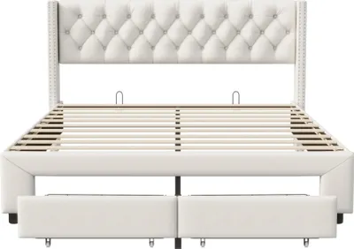 Produktbild von Fortuna Lai Polsterbett 160x200 cm, gepolstertes Doppelbett mit Stauraum, 2 Schubladen, LED, USB, Samt, Beige