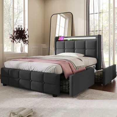Produktbild von Flieks Polsterbett 90x200cm mit USB und Steckdosen, Jugendbett Einzelbett mit 2 Schubladen, Stauraumbett Massivholzbett mit LED und Lattenrost, Leinen, Grau