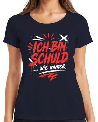 Obrázok produktu pre Tričko s nápisom "Ich Bin Schuld wie immer" (Ja som vinník, ako vždy), s ironickým podtónom, v modrej farbe, veľkosť L