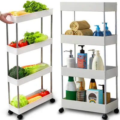 Two slim rolling carts, one filled with fresh produce and the other with toiletries, are displayed side-by-side against a white background.