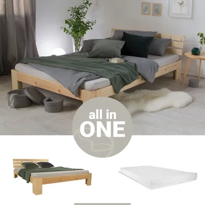 Produktbild von Homestyle4u 2262, Doppelbett mit Matratze und Lattenrost 120x200 Bett Natur Kiefer Massiv Bettgestell Holzbett Futonbett