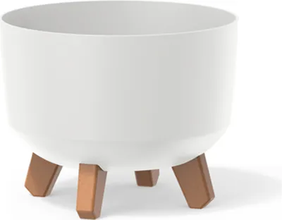 A white planter pot with three brown legs is shown against a white background.
