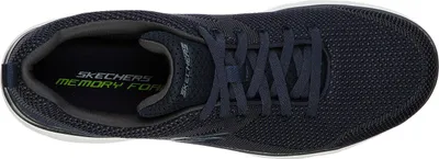 Top-down view of a navy blue Skechers shoe.