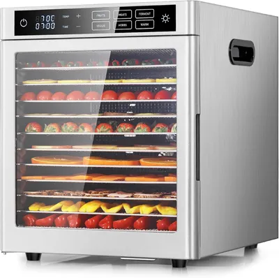 Image de Déshydrateur alimentaire avec 12 plateaux, en acier inoxydable, 6 programmes préprogrammés pour les fruits, les légumes, la viande et les fleurs, contrôle de la température de 85 °C, 24 minuteries, 800 W
