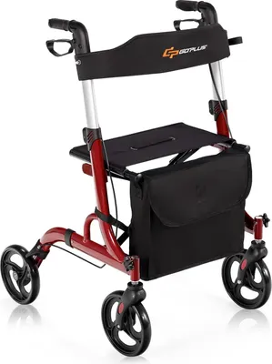 Produktbild von GOPLUS Rollator faltbar, höhenverstellbare Gehhilfe inkl. Griffe & Sitz mit Rückengurt, Laufhilfe mit Rädern, Tasche & Stockhalter, Gehwagen (Rot)