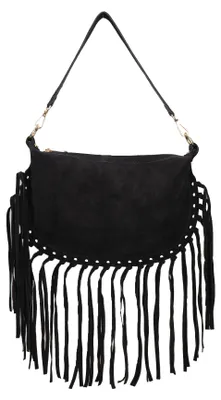 Image de Sac bandoulière convertible en Suède, avec franges, fabriqué en Italie