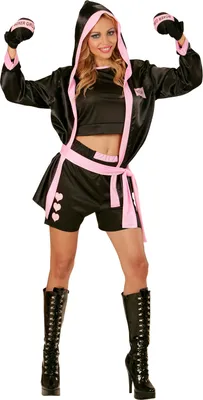 A woman posing in a boxer costume.