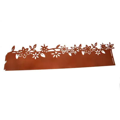A rust-colored metal garden border with a floral design.