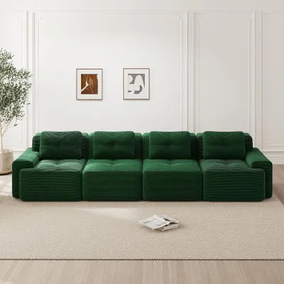 Productafbeelding van Modulaire bank, 4-zits, groene corduroy stof, diepte van de zitting 74 cm, vloerliggende "cloud" bank zonder montage, krasbestendig en antislip, afmetingen: 382x104x69 cm