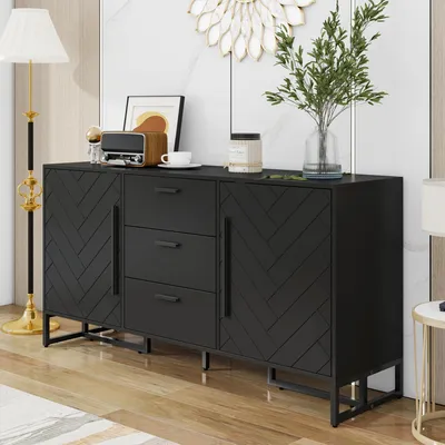 Produktbild von Fortuna Lai Schwarzes elegantes Sideboard mit Fischgrätenmuster, mit 2 Türen und 3 Schubladen für Esszimmer, Küche und Wohnzimmer